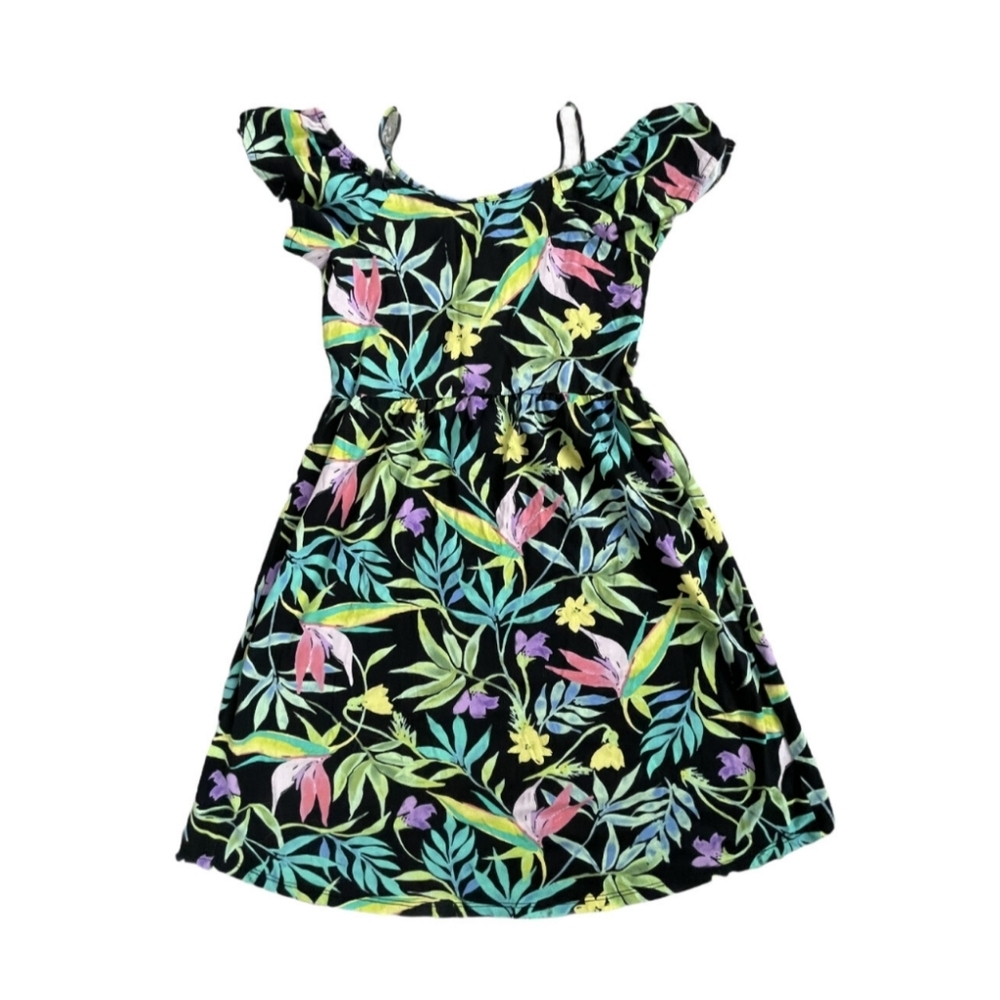 Children's Place‎ Dress Girl (10/12) Black Floral Cold Shoulder Hi Low Vacation - Picture 2 of 5